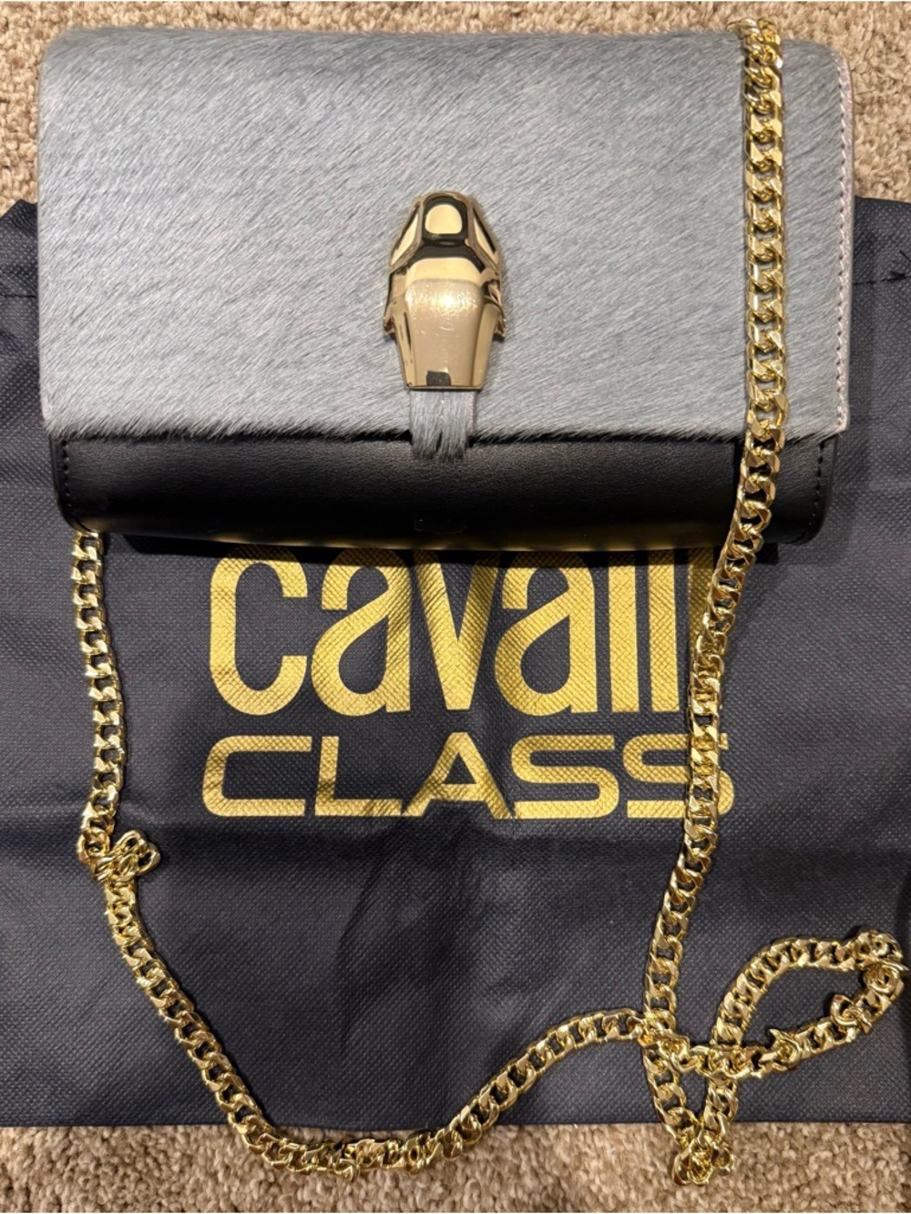 Cavalli Class Gray Haircalf and Black Leather Crossbody with Gold Chain